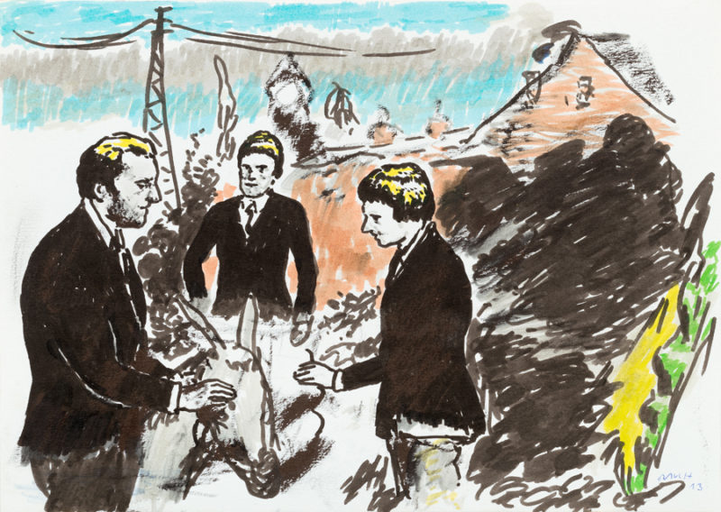 Neo Rauch, Die Eselpfleger, 2013. Felt-tip pen and oil on paper, 8 1/4 11 5/8 inches. Courtesy the artist, Galerie EIGEN + ART Leipzig/Berlin and David Zwirner © Neo Rauch, VG Bild-Kunst, Bonn / Artists Rights Society (ARS), New York.